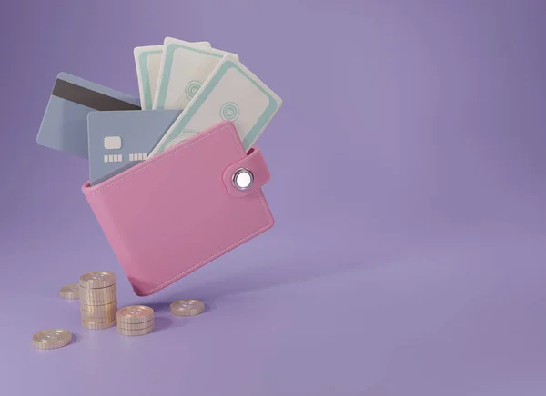 3 boyutlu pembe cüzdan, nakit para, kredi kartları ve mor arka planda altın paralar. Düşen bozuk paralar ve pembe çanta. Nakitsiz toplum konsepti. Büyüme, gelir, tasarruf, yatırım, zenginlik. 3d hazırlayıcı.
