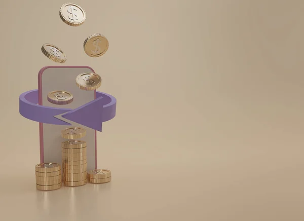 3 boyutlu nakit para ikonunu altın sikke ve akıllı telefon ile bej arka planda izole et. Para iadesi ya da para servisi tasarımı. Bej arka plan için online ödeme. Gelir, tasarruf, yatırım, 3D düzenleme