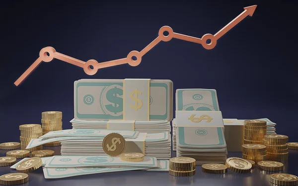 Grafico Crescita Con Bundles Contanti Monete Oro Stack Dollaro Sfondo — Foto Stock