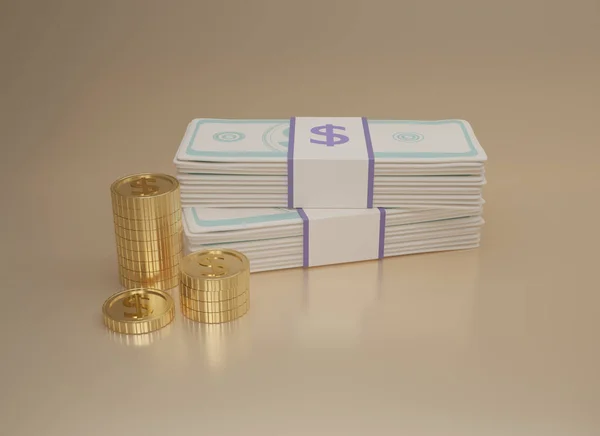 Пакеты Денежных Средств Золотой Стек Долларовые Монеты Бежевом Фоне Минимальный — стоковое фото