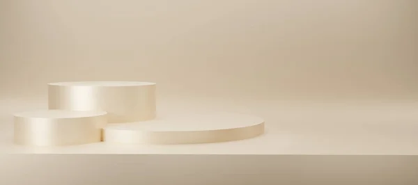 Soyut bej rengi ve arka planında stüdyo arkaplanı var. 3D altın işlemeli boş ekran ya da ürün göstermek için temiz oda. Podyum gösterisi ya da vitrin için minimalist bir model. 3 Boyutlu Hazırlama.