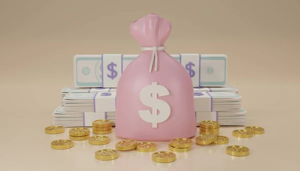 3 boyutlu para çantası çizimi basit bir karikatür. Para çantaları, altın sikkeler, bej arka planda izole edilmiş mesajlar için yeri olan banknotlar. Nakitsiz toplum konsepti. Büyüme, gelir, tasarruf, yatırım, zenginlik.