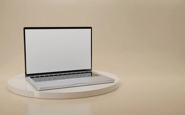 Render Mock Computer Labtop White Screen Stand Beige Background Labtop — Stock Photo, Image