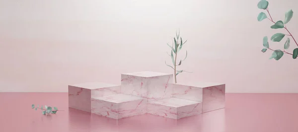 3 boyutlu, pembe mermer küp ve stüdyo arkaplanlı gradyan ışık arkaplanı. 3D görüntüleme pembe boş ekran ya da ürün göstermek için temiz oda. Podyum gösterisi ya da vitrin için minimalist model.
