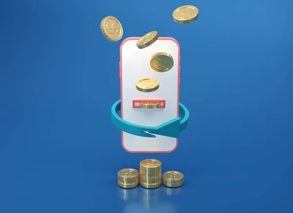 3D nakit para ikonunu altın sikke ve akıllı telefon ile mavi arka planda izole et. Para iadesi ya da para servisi tasarımı. Mavi arka plan için online ödeme. Gelir, tasarruf, yatırım, 3D düzenleme