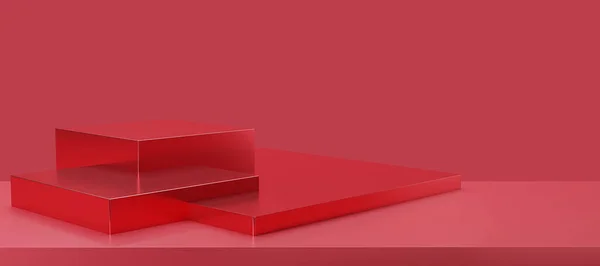 Metallic red podium and gradient light background with studio  backdrops. Red Blank display or clean room for showing product. Minimalist mockup for red  podium display or showcase. 3D rendering.