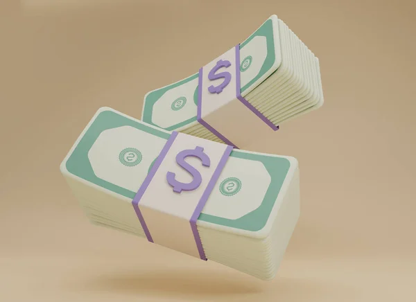 Render Bundel Contant Geld Valt Beige Achtergrond Drijvende Dollar Biljetten — Stockfoto