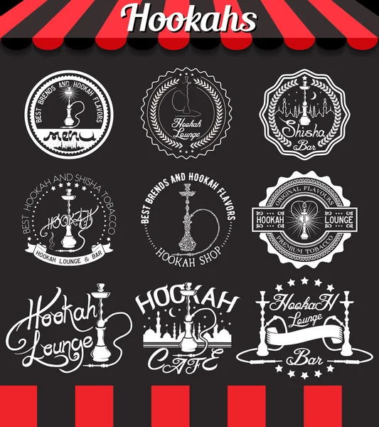 Set bianco narghilè icone, etichette, segni, simboli e distintivi sulla lavagna — Vettoriale Stock