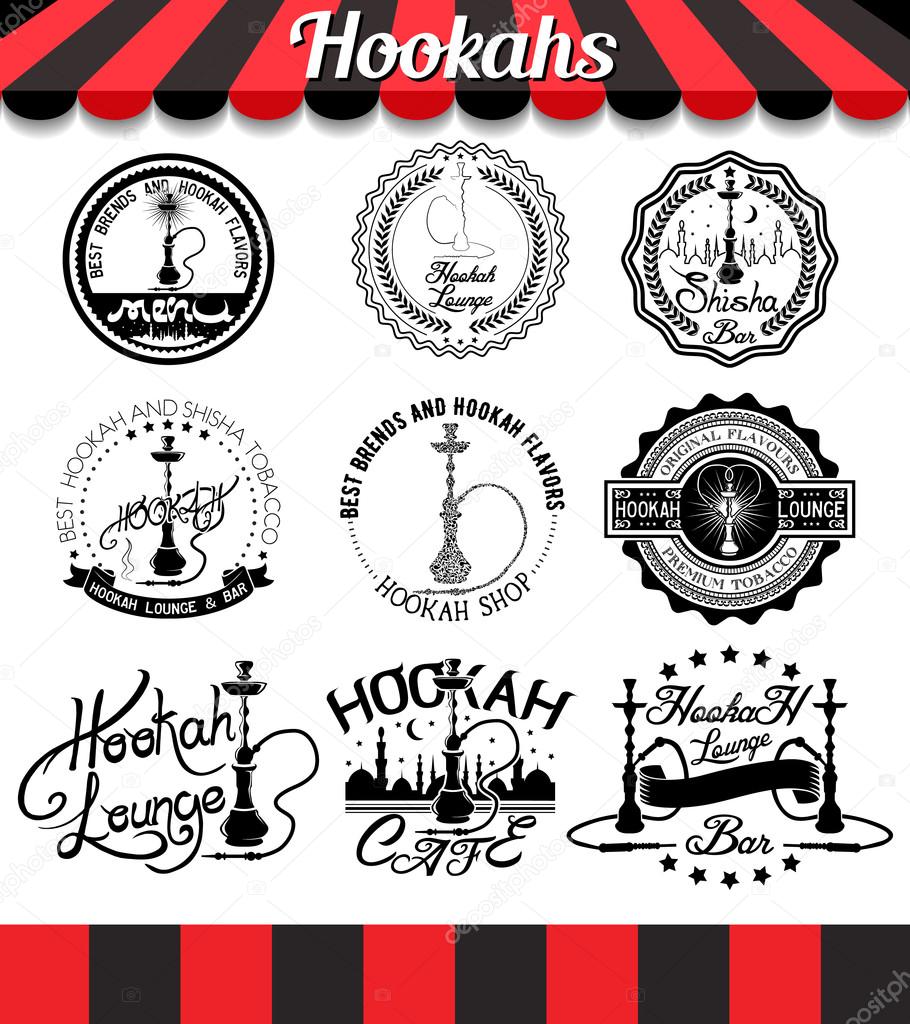 Shisha vintage design elements and badges set. Collection of hookah vector signs, symbols and icons.