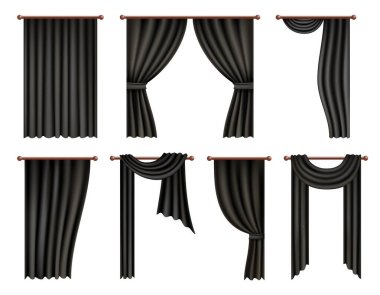 Siyah pencere perdesi ve örtü modelleme seti, vektör izole çizimi. Gerçekçi, dalgalı perdeler..
