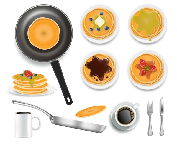 Fluffy pannenkoeken met honing, chocolade, bosbessen en aardbeien fruit, vector geïsoleerde illustratie. Amerikaans ontbijt — Stockvector