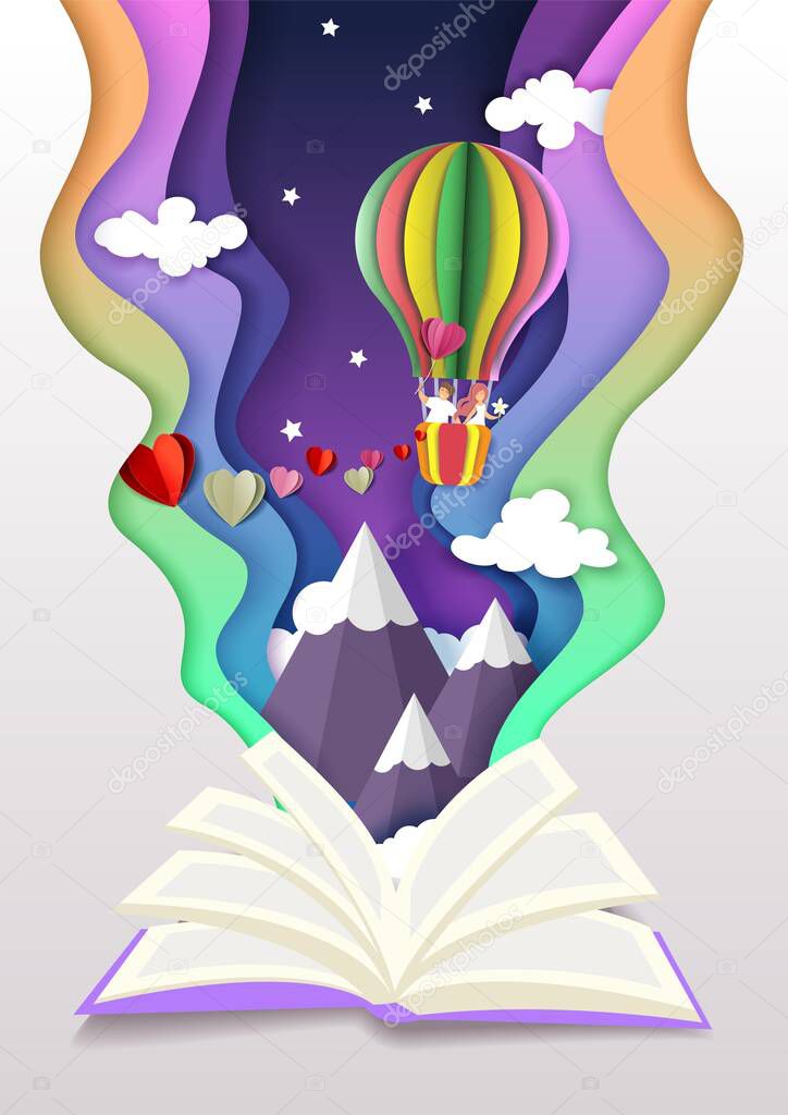 Open book with couple in love flying in hot air balloon. Vector illustration in paper cut craft style. Romantic stories.