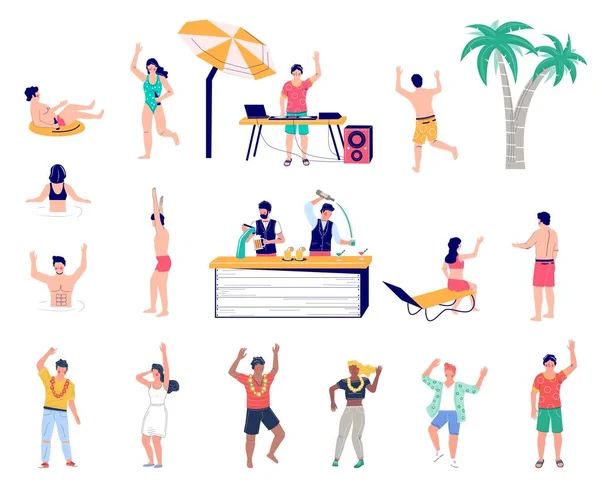 Praia festa cartoon personagem conjunto plana vetor isolado ilustração. Verão férias tropicais. — Vetor de Stock