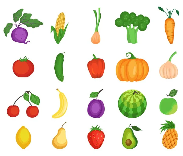 Set ikon buah dan sayuran, vektor datar terisolasi ilustrasi. Makanan organik segar vegetarian, gaya kartun. - Stok Vektor