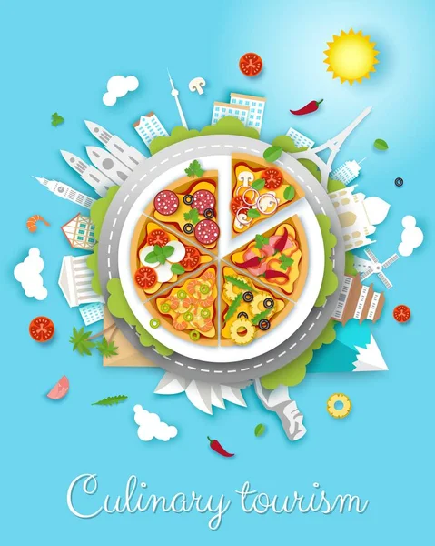 Cartaz de vetor de turismo culinário, modelo de banner. Estilo de corte de papel grande deliciosa pizza italiana e marcos mundialmente famosos. —  Vetores de Stock