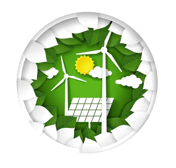 Logotipo de energia verde. Moinhos de vento de corte de papel e painéis solares. Ilustração vetorial no estilo da arte do papel. — Vetor de Stock