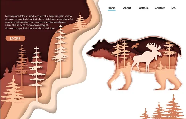 Doğa vektörü web sitesi iniş sayfası şablonu. Kağıt kesiği, orman manzaralı ayı silueti, geyik. Doğanın güzelliği. — Stok Vektör