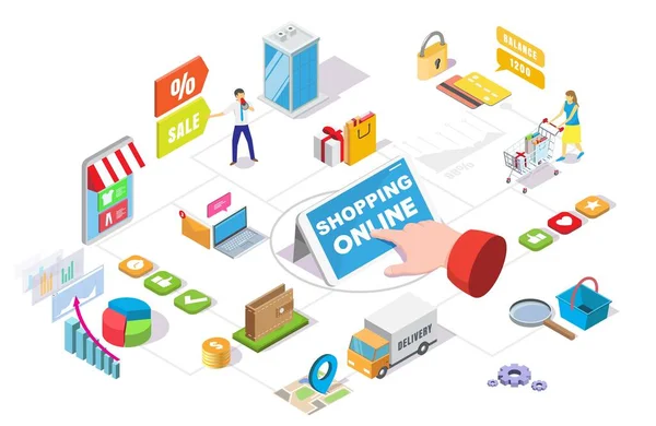 Online shopping isometric flowchart - 벡터 일러스트. 상거래, 온라인 스토어 판매 및 거래, 인터넷 상환액. — 스톡 벡터