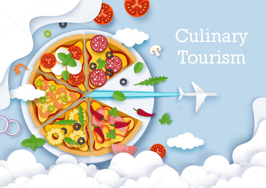 Culinary tourism vector poster, banner template. Paper cut plane flying out of big italian pizza. World culinary tours.