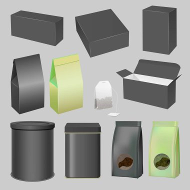 Çay paketleme gerçekçi model seti, vektör illüstrasyonu