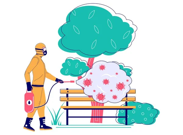 Pandemia koronawirusa. Człowiek w kombinezonie dezynfekującym ławkę w parku miejskim, płaska ilustracja wektora. Usługi dezynfekcji. — Wektor stockowy