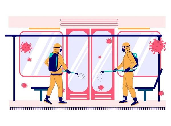 Pandemia koronawirusa. Ludzie w kombinezonach dezynfekujących metro, płaska ilustracja wektora. Dezynfekcja. — Wektor stockowy