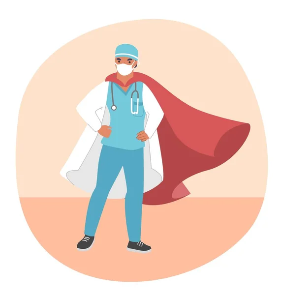 Doctor super hero wearing medical face mask and red cloak, flat vector illustration. — Stock Vector