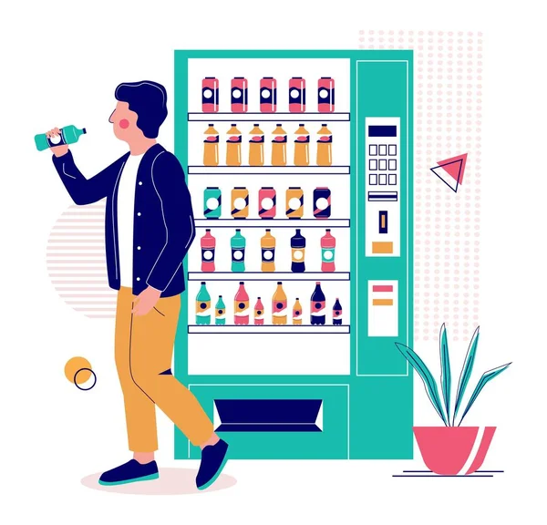 Jovem bebendo água que ele comprou da máquina de venda automática de bebidas, ilustração vetorial plana. — Vetor de Stock