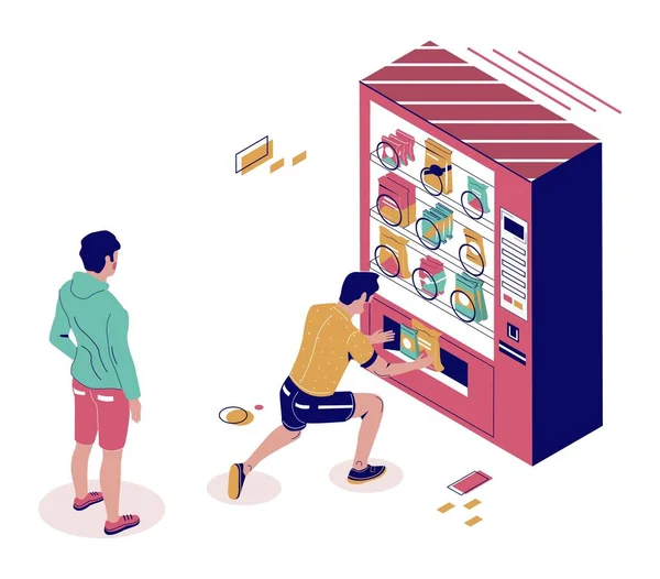 Manliga karaktärer som köper snacks från varuautomaten, platt vektor isometrisk illustration. Snack food automat maskin — Stock vektor