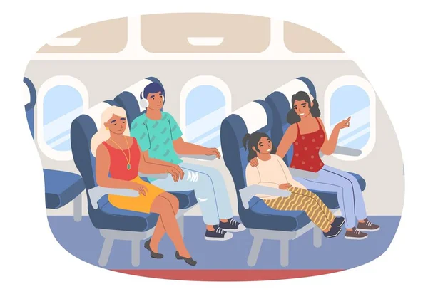 Passageiros sentados dentro da aeronave, ilustração vetorial plana. Viajar de avião. — Vetor de Stock
