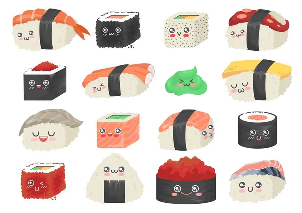 Sushi, sashimi e rotoli, simpatico e divertente set di personaggi dei cartoni animati, illustrazione isolata vettoriale piatta. — Vettoriale Stock