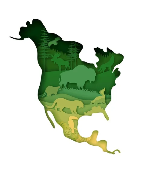 Mainland Noord-Amerika kaart met dieren in het wild, vector illustratie in papier kunst stijl. — Stockvector