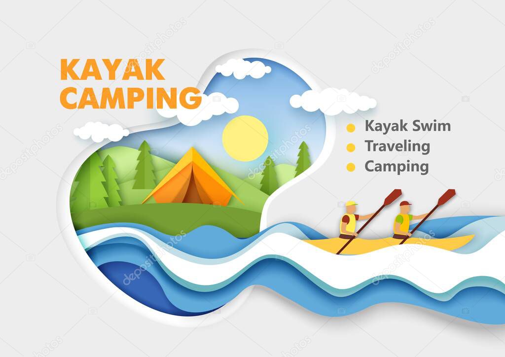 Paper cut tent on river bank, male characters paddling using oars in kayak boat. Vector illustration in paper art style.