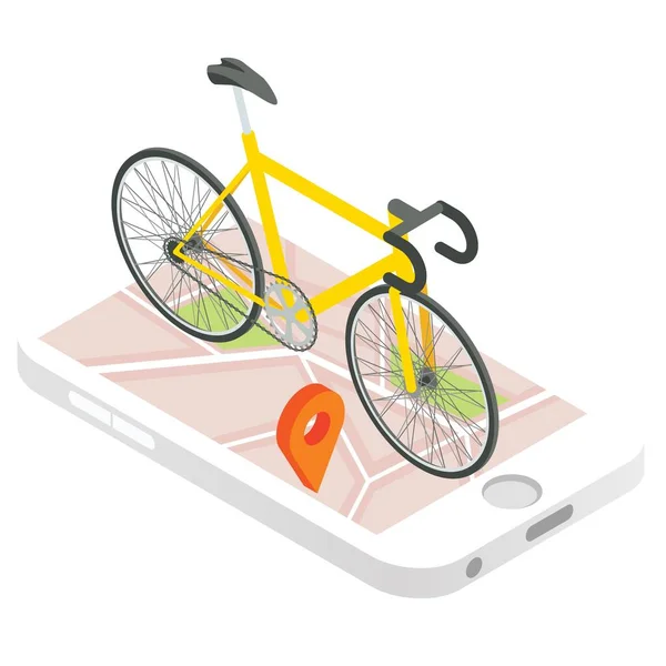 Передвижной навигационный вектор GPS. Изометрическая трехмерная иллюстрация. Велосипед на вершине мобильного телефона с картой города на экране. Приложение для отслеживания смартфонов — стоковый вектор