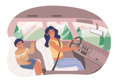 Mutlu anne ve oğlu arabada oturuyor, düz vektör çizimi. Yolculuk. Yaz tatili.