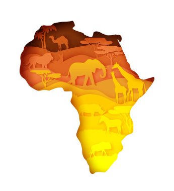 Vahşi yaşam içeren anakara Afrika haritası, kağıt sanatında vektör illüstrasyonu.
