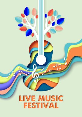 Canlı müzik festivali vektör posteri, afiş şablonu. Kağıt kesim stili akustik gitar, notalar, ağaç dalları.
