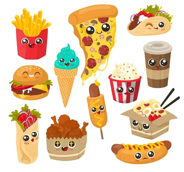 Leuke en grappige fast food karakter set, platte vector illustratie. Happy snack food met menselijke gezichten. — Stockvector