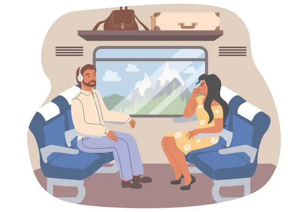 Pasażerowie podróżujący pociągiem, płaska ilustracja wektora. Podróże kolejowe, podróż kolejowa. — Wektor stockowy
