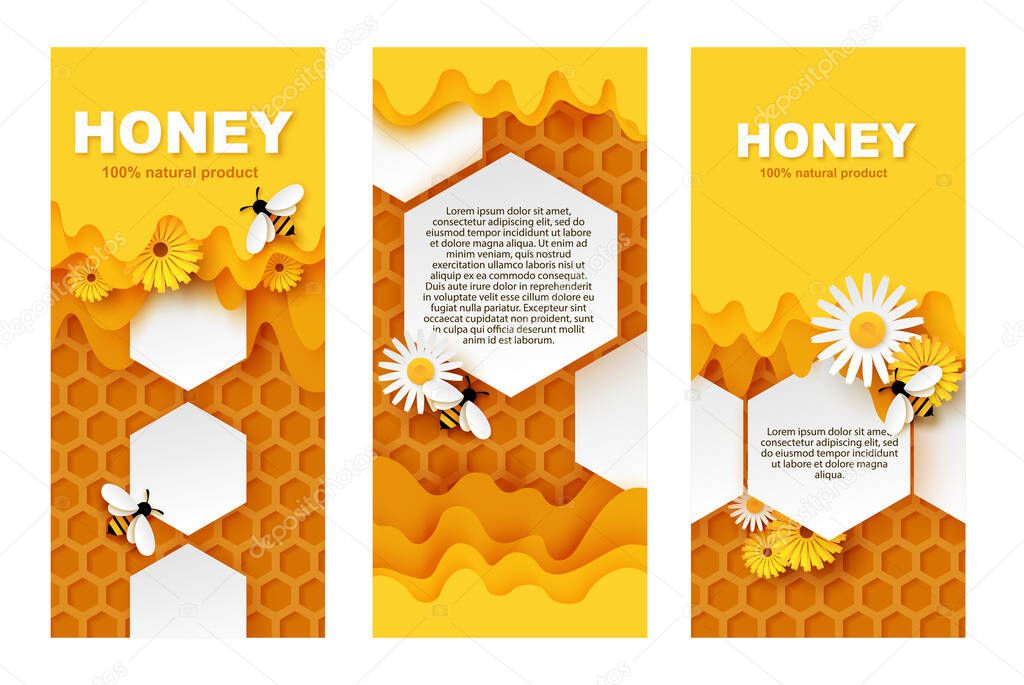 Honey banner vector template set. Paper cut honeycombs with flowing sweet honey, cute bees collecting nectar.