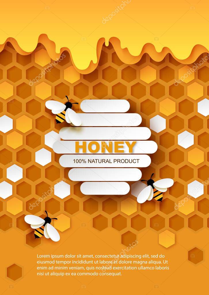 Honey vector poster template. Paper cut craft style honeycombs with flowing sweet organic honey and honeybees.