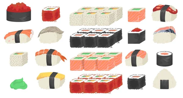 Conjunto de sushi, sashimi y rollos, ilustración aislada de vectores planos. Sushi bar, cocina japonesa menú del restaurante. — Vector de stock