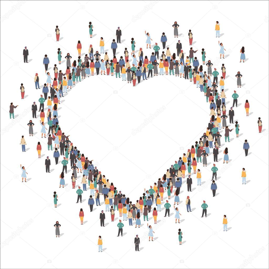 Large group of people forming human heart shape frame, flat vector illustration. Love, appreciation, social community.