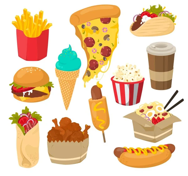Fast food set, platte vector geïsoleerde illustratie. Fast food restaurant, cafe, bar menu. — Stockvector