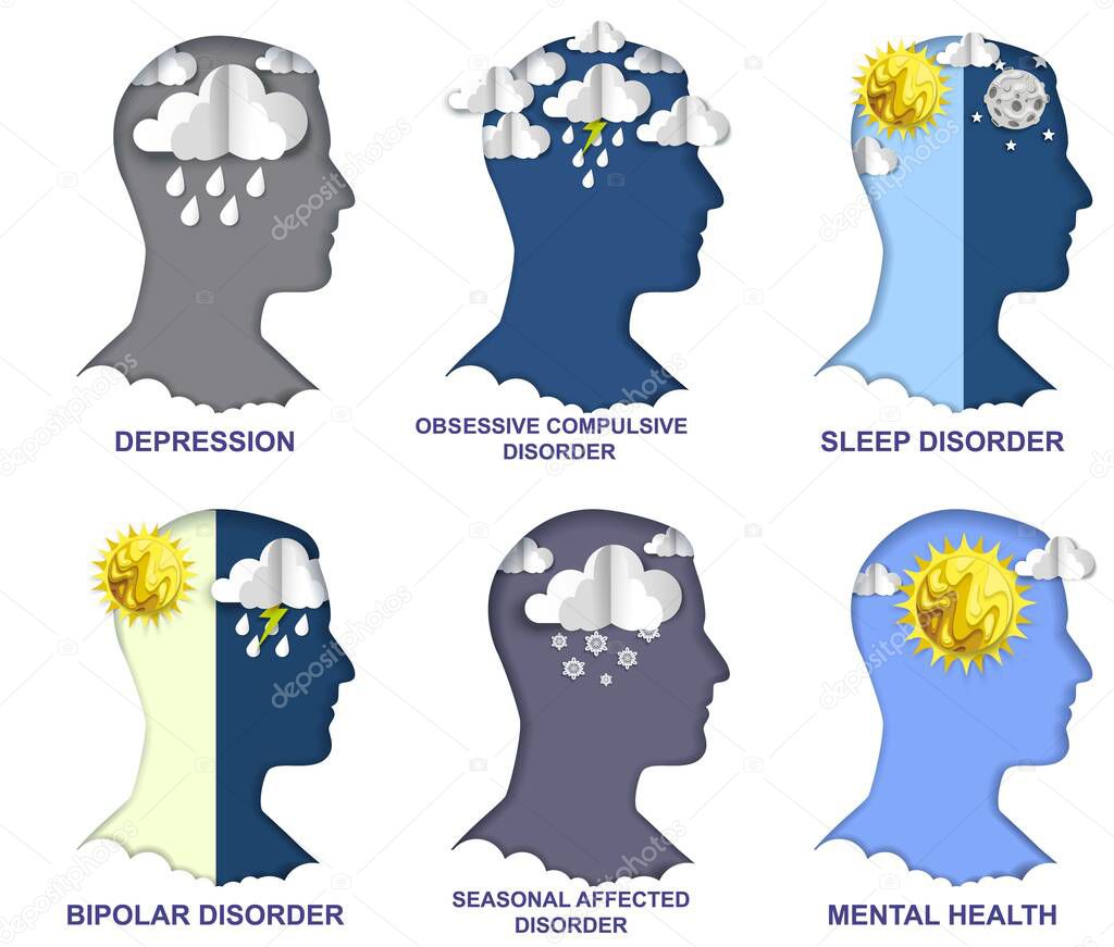 Mental disorder. Vector paper cut craft style head silhouette with clouds, sun, rain, lightning. Psychology, psychiatry.