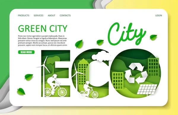 Plantilla de landing page de vector de ciudad verde. Ciudad ecológica artesanal de corte de papel con energía verde, transporte de bicicletas. — Vector de stock