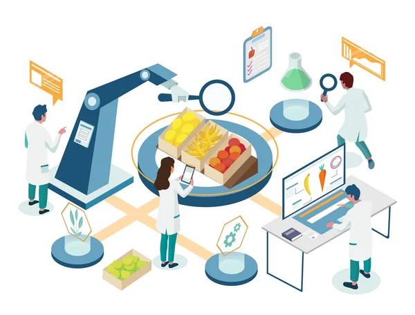 Organigramme isométrique de recherche en laboratoire alimentaire, illustration vectorielle. Sécurité et contrôle de la qualité des produits alimentaires. — Image vectorielle