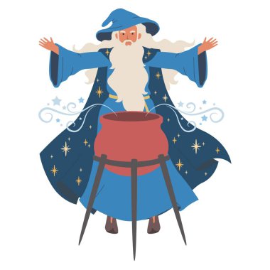 Sihirbaz sihirli iksiri kaynatıyor, beyaz arkaplanda izole edilmiş ikon. Vektör çizimi. Sakallı yaşlı büyücü