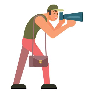 Fotoğraf makinesi simgesine sahip fotoğrafçı beyaz arkaplanda izole edildi. Vektör çizimi. Paparazzi karakteri beyaz arkaplanda izole edildi