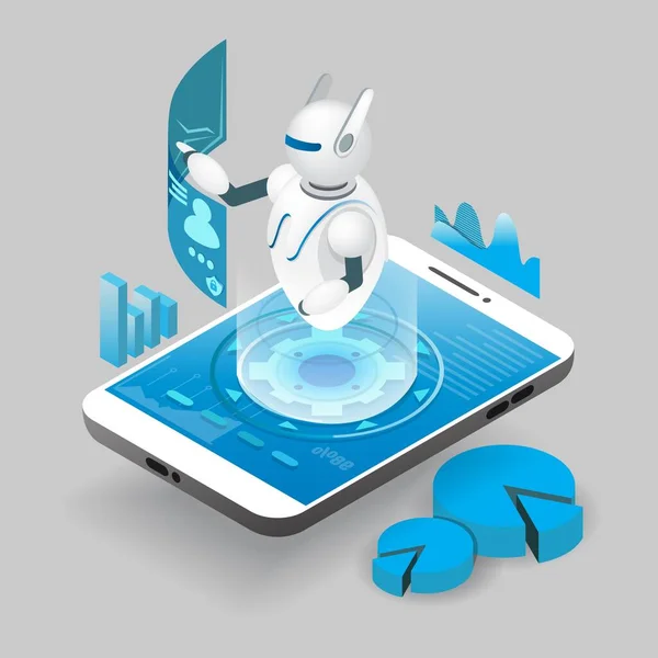 Isometric ai robot on smart phone screen, vector illustration. Artificial intelligence, chatbot mobile phone app. — Stock Vector